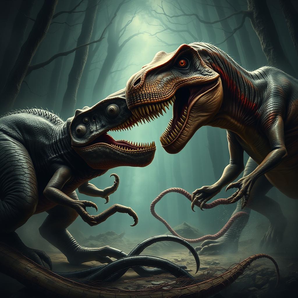 A thrilling scene of a tyrannosaurus rex fighting an aboleth, a squid and leech-like monster with no eyes and several rows of teeth