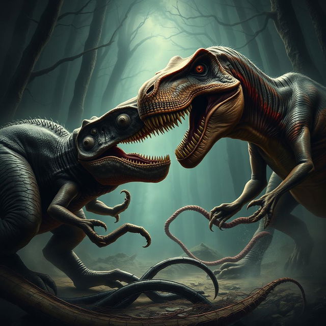 A thrilling scene of a tyrannosaurus rex fighting an aboleth, a squid and leech-like monster with no eyes and several rows of teeth