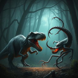 A thrilling scene of a tyrannosaurus rex fighting an aboleth, a squid and leech-like monster with no eyes and several rows of teeth