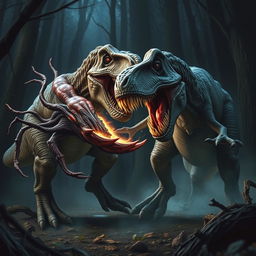 A thrilling scene of a tyrannosaurus rex fighting an aboleth, a squid and leech-like monster with no eyes and several rows of teeth