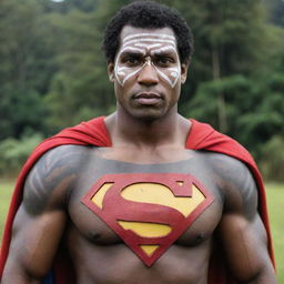 A version of Superman as if he originated from Papua New Guinea, wearing traditional attire and demonstrating unique cultural elements.