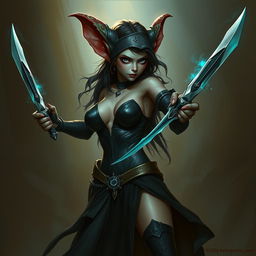 A female kobold arcane rogue, depicted in a seductive manner, wielding two daggers