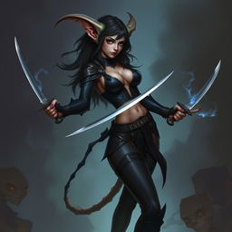 A female kobold arcane rogue, depicted in a seductive manner, wielding two daggers