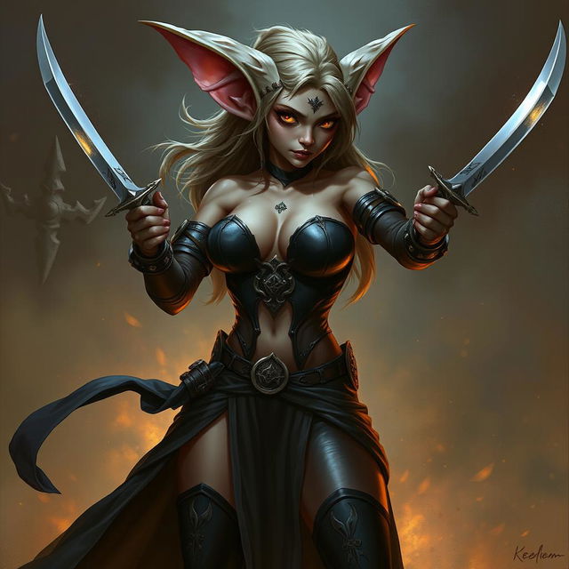 A female kobold arcane rogue, depicted in a seductive manner, wielding two daggers