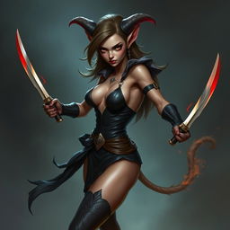 A female kobold arcane rogue, depicted in a seductive manner, wielding two daggers