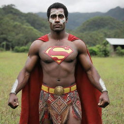 A version of Superman as if he originated from Papua New Guinea, wearing traditional attire and demonstrating unique cultural elements.