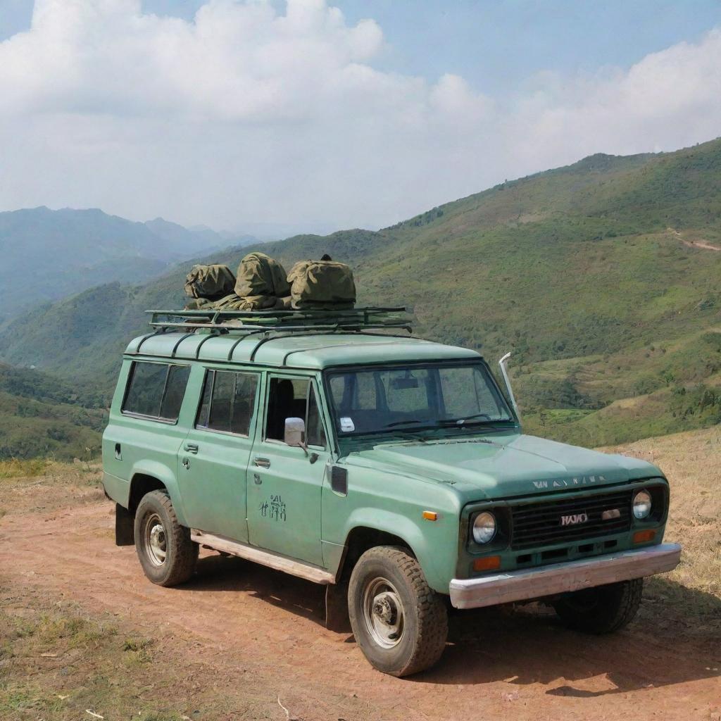 A ten seater jade-colored trooper vehicle parked on a scenic hill, with 'WENA' visibly written on the windscreen