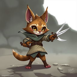 A small, adorable female tabaxi rogue from Dungeons & Dragons, wielding two daggers