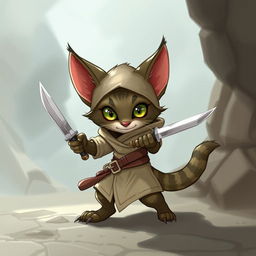 A small, adorable female tabaxi rogue from Dungeons & Dragons, wielding two daggers