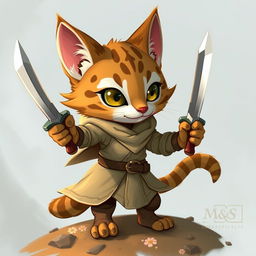 A small, adorable female tabaxi rogue from Dungeons & Dragons, wielding two daggers