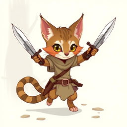 A small, adorable female tabaxi rogue from Dungeons & Dragons, wielding two daggers