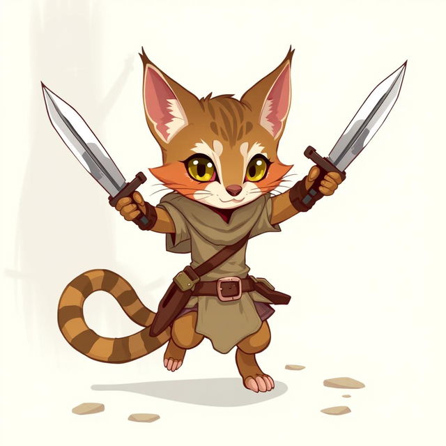 A small, adorable female tabaxi rogue from Dungeons & Dragons, wielding two daggers