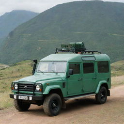 A ten seater jade-colored trooper vehicle parked on a scenic hill, with 'WENA' visibly written on the windscreen