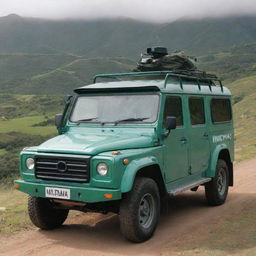 A ten seater jade-colored trooper vehicle parked on a scenic hill, with 'WENA' visibly written on the windscreen