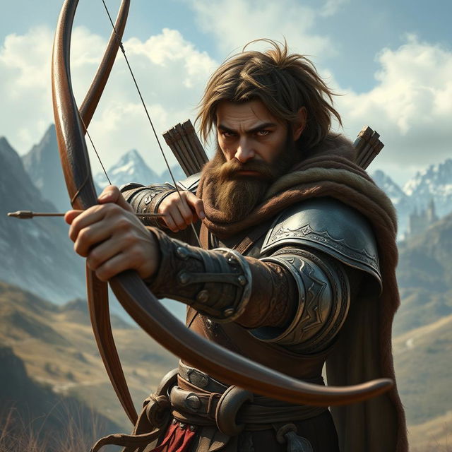 Create an image of a human warrior who is an outsider, wielding a bow