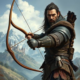 Create an image of a human warrior who is an outsider, wielding a bow