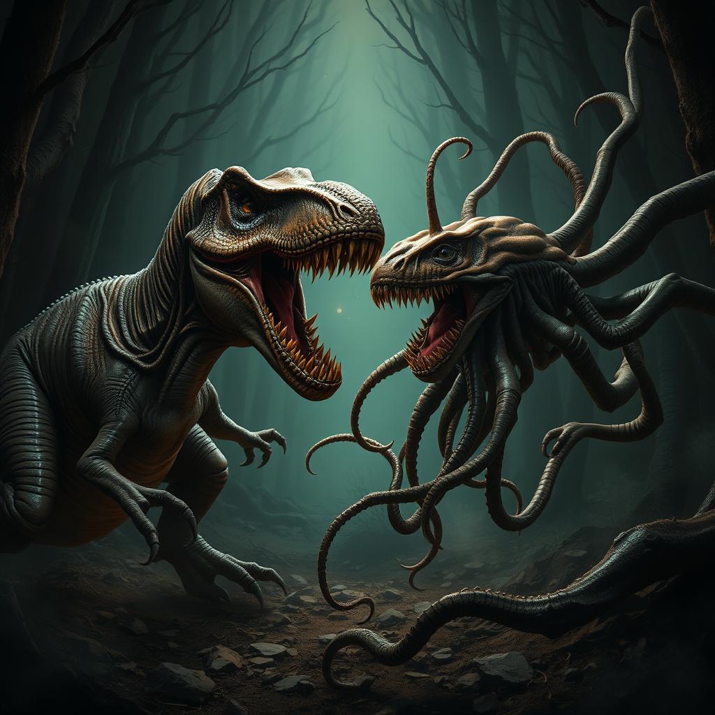 A thrilling scene of a tyrannosaurus rex fighting an aboleth, a squid and leech-like monster with no eyes and several rows of teeth