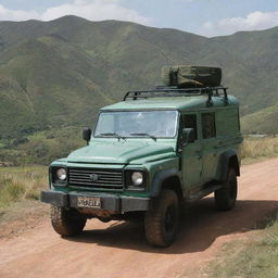 A ten seater jade-colored trooper vehicle parked on a scenic hill, with 'WENA' visibly written on the windscreen