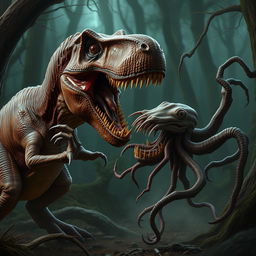 A thrilling scene of a tyrannosaurus rex fighting an aboleth, a squid and leech-like monster with no eyes and several rows of teeth