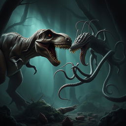 A thrilling scene of a tyrannosaurus rex fighting an aboleth, a squid and leech-like monster with no eyes and several rows of teeth