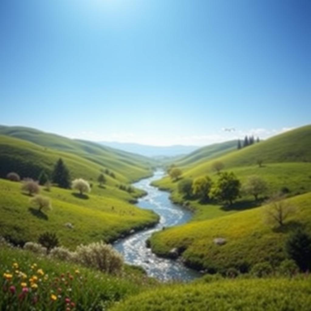 Create a serene landscape with a clear blue sky, rolling green hills, and a sparkling river running through the middle