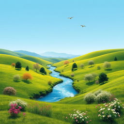 Create a serene landscape with a clear blue sky, rolling green hills, and a sparkling river running through the middle