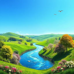 Create a serene landscape with a clear blue sky, rolling green hills, and a sparkling river running through the middle