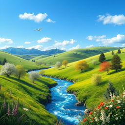 Create a serene landscape with a clear blue sky, rolling green hills, and a sparkling river running through the middle