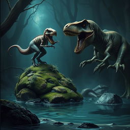 A thrilling scene of a tyrannosaurus rex fighting an aboleth, a squid and leech-like monster with no eyes and several rows of teeth