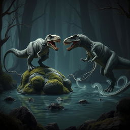 A thrilling scene of a tyrannosaurus rex fighting an aboleth, a squid and leech-like monster with no eyes and several rows of teeth