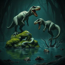 A thrilling scene of a tyrannosaurus rex fighting an aboleth, a squid and leech-like monster with no eyes and several rows of teeth