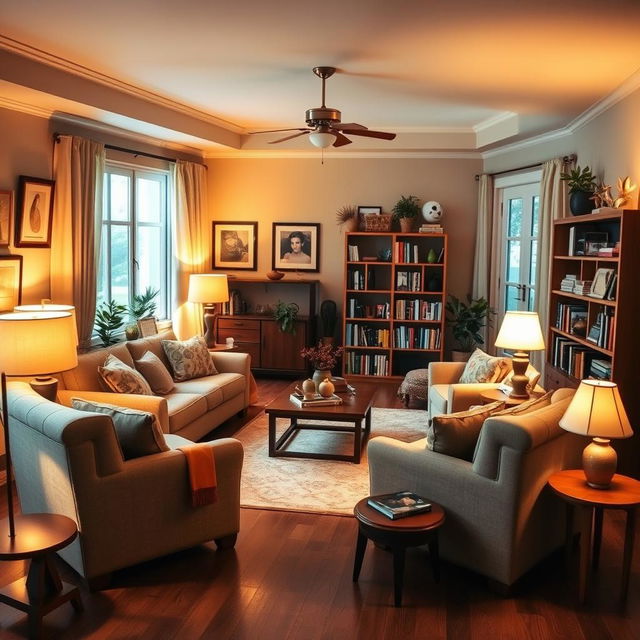 A cozy living room with comfortable couches and chairs arranged around a coffee table