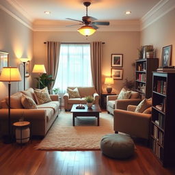 A cozy living room with comfortable couches and chairs arranged around a coffee table