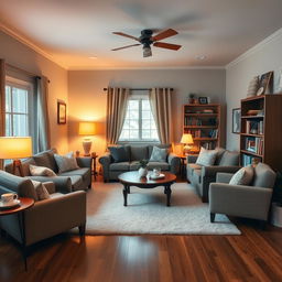 A cozy living room with comfortable couches and chairs arranged around a coffee table