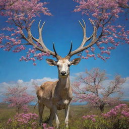 A skeleton deer with symmetrical antlers comprised of flowering tree branches, against a psychedelic naturescape backdrop in Cuba, under a sky imitating the patterns of an oil-on-water-type effect.