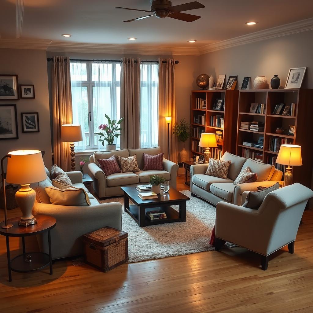 A cozy living room with comfortable couches and chairs arranged around a coffee table