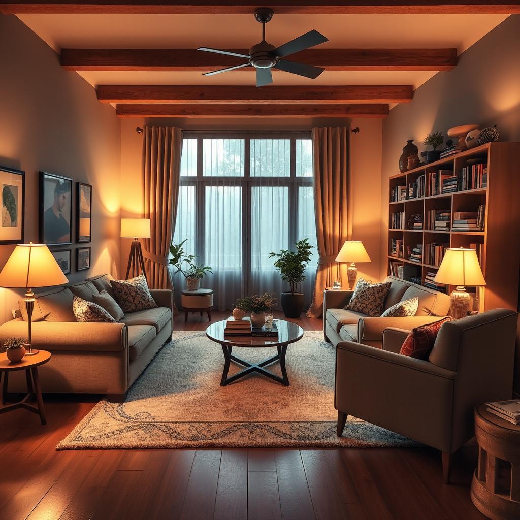 A cozy living room with comfortable couches and chairs arranged around a coffee table