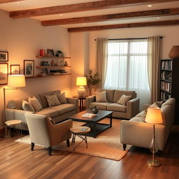 A cozy living room with comfortable couches and chairs arranged around a coffee table