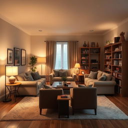 A cozy living room with comfortable couches and chairs arranged around a coffee table