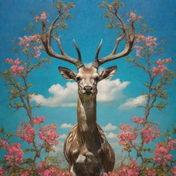 A skeleton deer with symmetrical antlers comprised of flowering tree branches, against a psychedelic naturescape backdrop in Cuba, under a sky imitating the patterns of an oil-on-water-type effect.