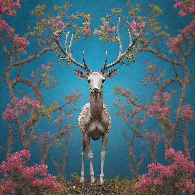 A skeleton deer with symmetrical antlers comprised of flowering tree branches, against a psychedelic naturescape backdrop in Cuba, under a sky imitating the patterns of an oil-on-water-type effect.