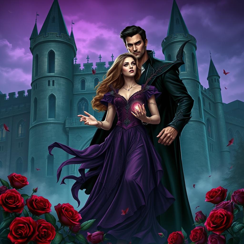 Create a realistic book cover illustration featuring a young couple in a gothic, dark fantasy setting with real persons