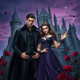 Create a realistic book cover illustration featuring a young couple in a gothic, dark fantasy setting with real persons