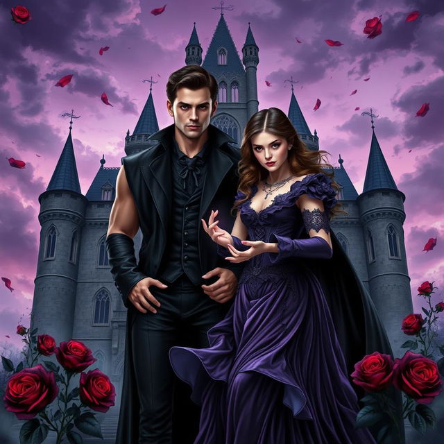 Create a realistic book cover illustration featuring a young couple in a gothic, dark fantasy setting with real persons