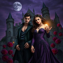 Create a realistic book cover illustration featuring a young couple in a gothic, dark fantasy setting with real persons