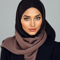 A woman wearing a hijab in a stylish and modern way, highlighting her beauty with elegant and fashionable clothing