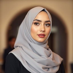 A woman wearing a hijab in a stylish and modern way, highlighting her beauty with elegant and fashionable clothing