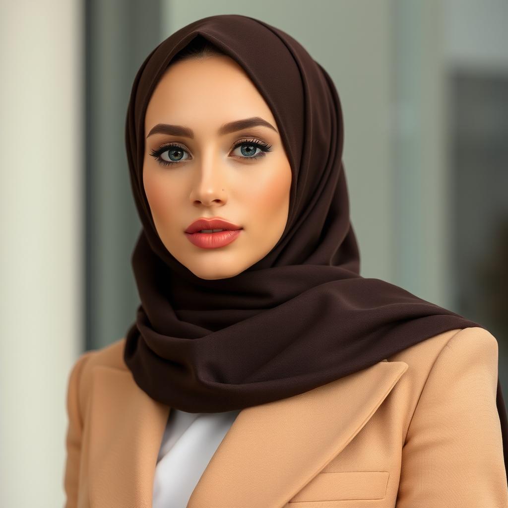 A woman wearing a hijab in a stylish and modern way, highlighting her beauty with elegant and fashionable clothing