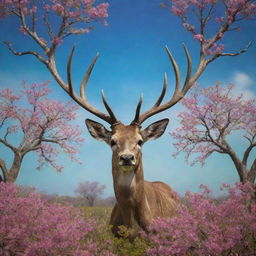 A skeleton deer with symmetrical antlers comprised of flowering tree branches, against a psychedelic naturescape backdrop in Cuba, under a sky imitating the patterns of an oil-on-water-type effect.