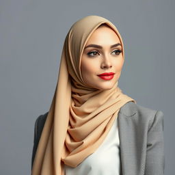 A woman wearing a hijab in a stylish and modern way, highlighting her beauty with elegant and fashionable clothing